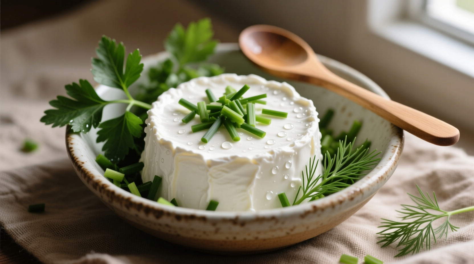 White quark cheese in bowl with fresh herbs