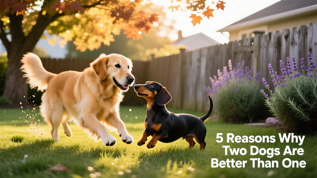 Two friendly dogs playing together in a sunlit backyard