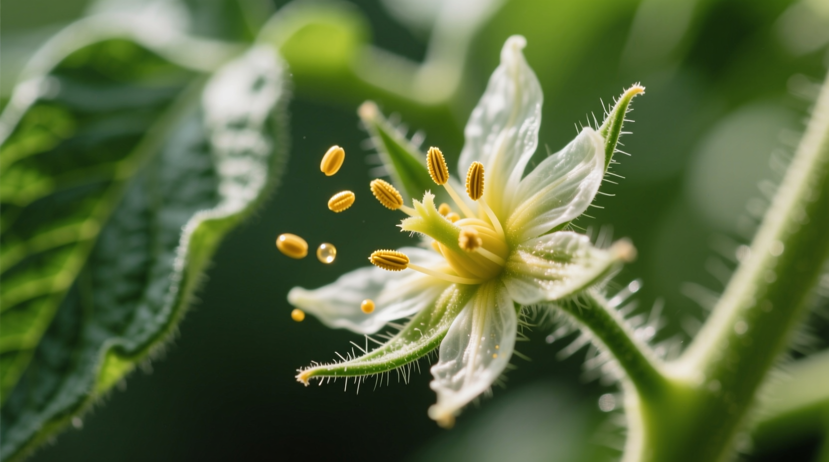 Close-up of tomato blossom showing pollen transfer
