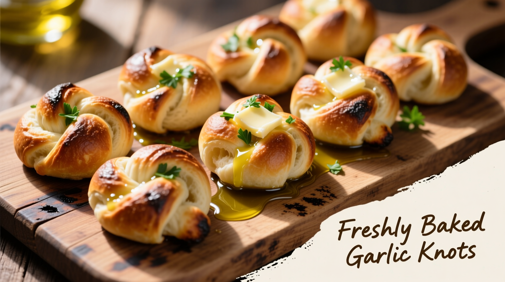 Freshly baked garlic knots on wooden board