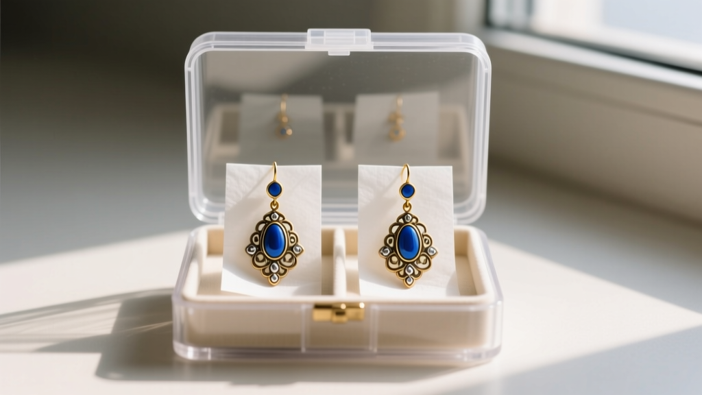 An open archival-quality plastic jewelry box displaying restored Western Germany drop earrings separated by acid-free tissue.