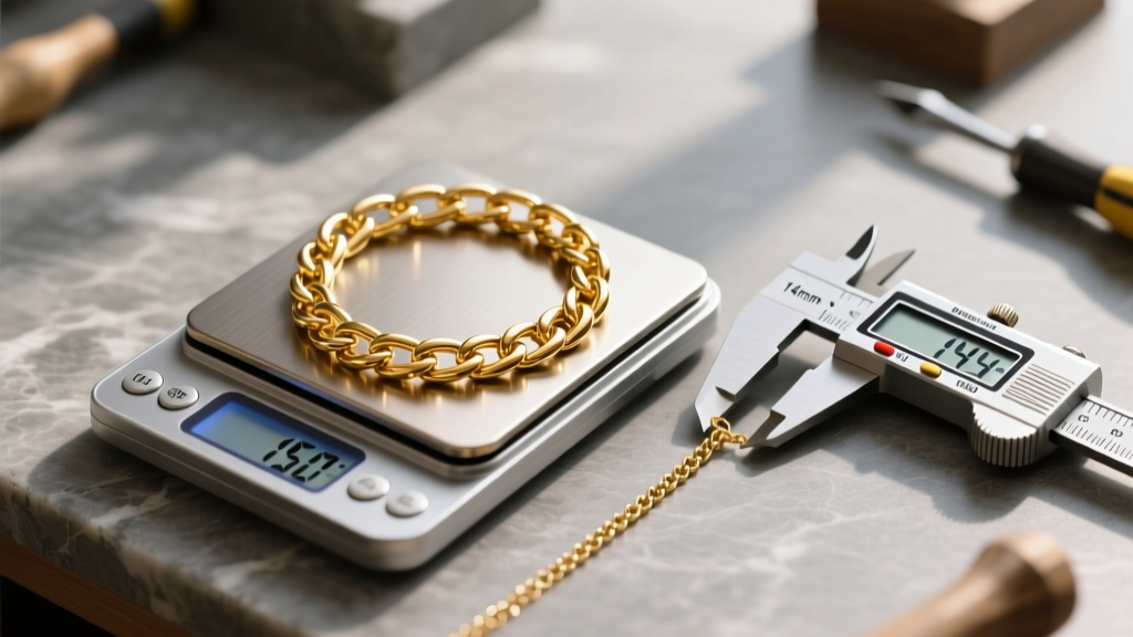 Jeweler workbench showing a digital scale weighing a 150-gram 18k gold Franco chain next to calipers measuring its 14mm width.