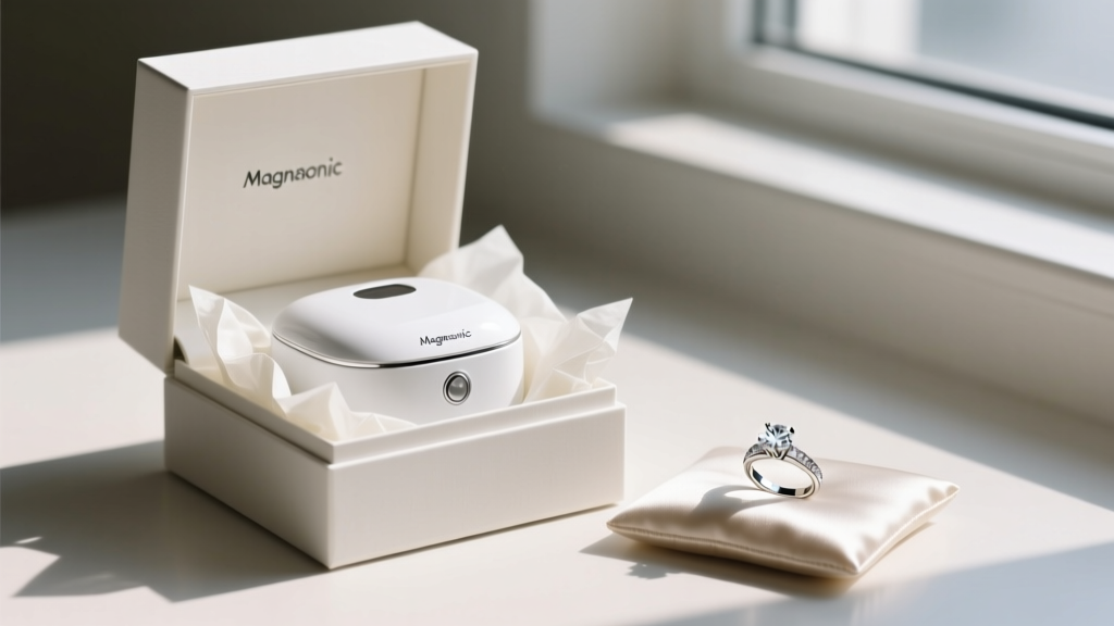 Elegant gift box opened to reveal a white Magnasonic ultrasonic jewelry cleaner in tissue paper with a diamond ring beside it