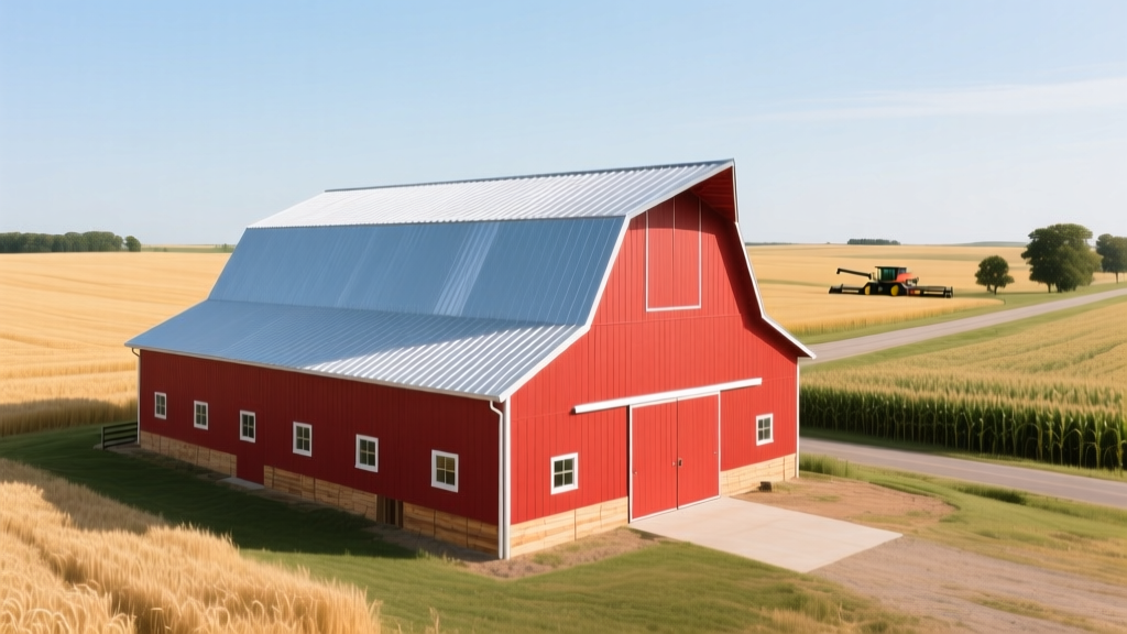 Wide-angle view of a newly constructed red pole barn with galvanized steel roofing set against a sprawling Midwestern agricultural field