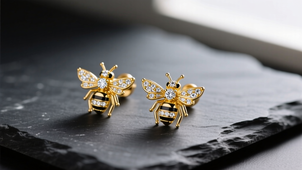 Macro shot of Orena Paris 18k yellow gold diamond bee stud earrings on dark slate, soft lighting revealing intricate pave details