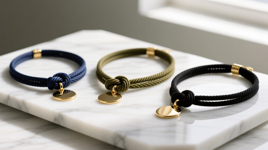 Three adjustable sliding knot necklaces in navy, olive, and black waxed cotton with gold pendants resting on a white marble slab