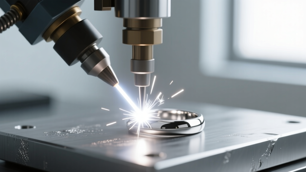 Macro shot of a laser welder repairing a platinum ring prong, showing a bright pinpoint flash against the dull grey metal surface