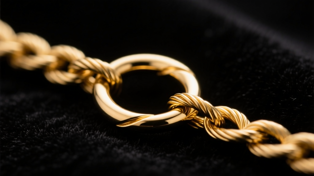 Macro of 18-gauge 14k gold cable chain on dark velvet, showing a seamless pulse-arc welded jump ring under soft studio lighting.