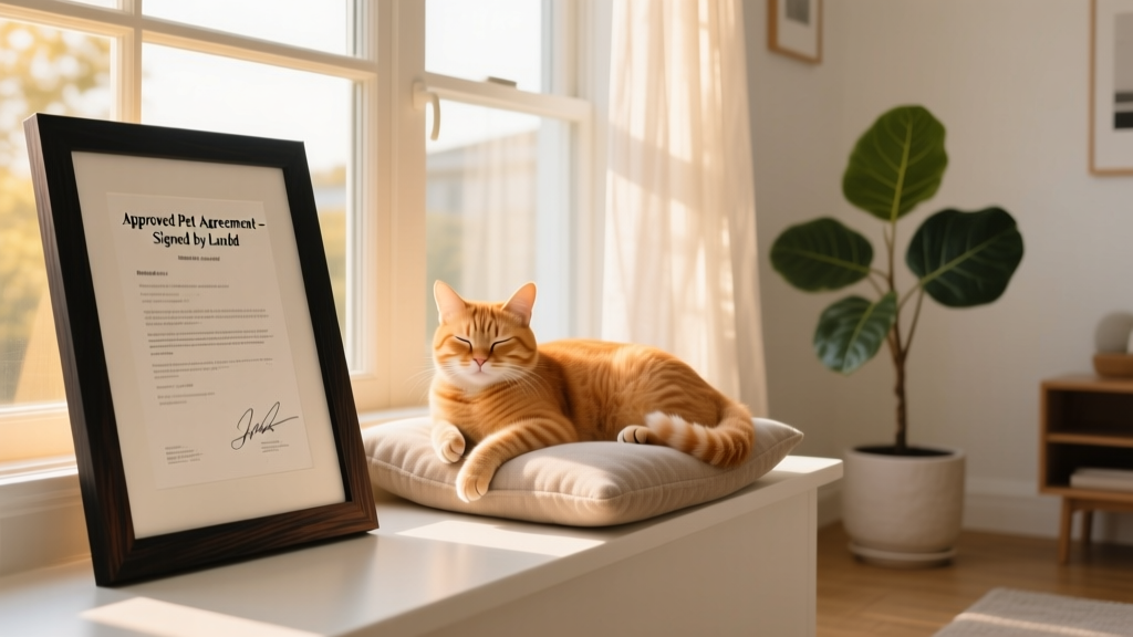 A framed, signed pet addendum displayed beside a happy cat lounging on a tidy windowsill in a sunlit living room