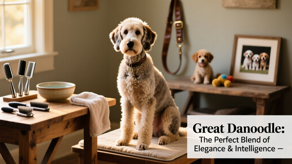 A well-groomed Great Danoodle sitting calmly beside a grooming table with brushes and a towel nearby