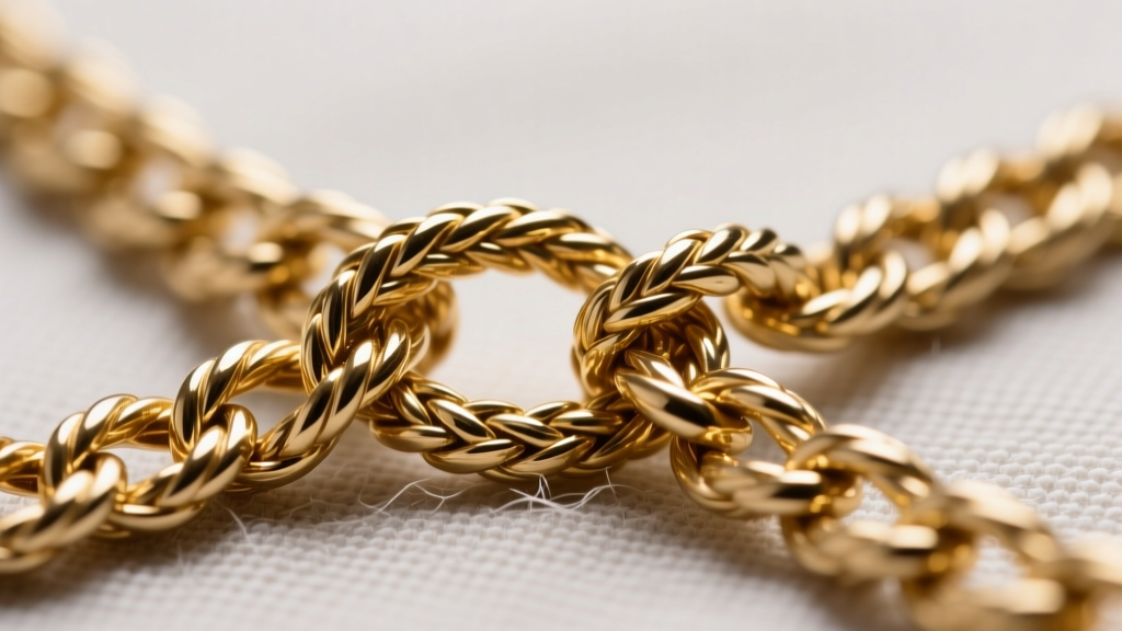 Macro shot of a tangled 14k gold rope chain and herringbone chain, highlighting micro-barbs catching on fibrous fabric threads