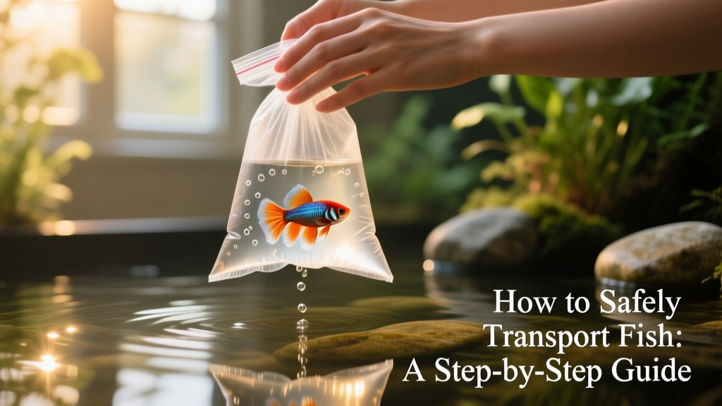 Close-up of hands gently floating a sealed plastic bag containing water and a betta fish on the surface of an aquarium, beginning the acclimation process