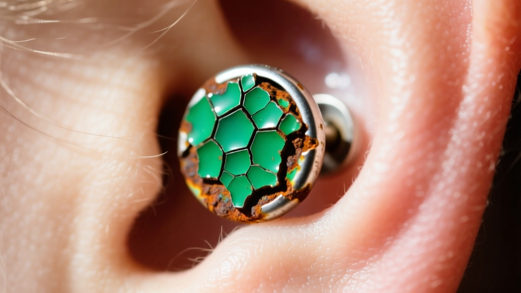 Macro shot of a corroded magnetic earring back with flaking epoxy and green oxidation on earlobe skin under bright lighting.