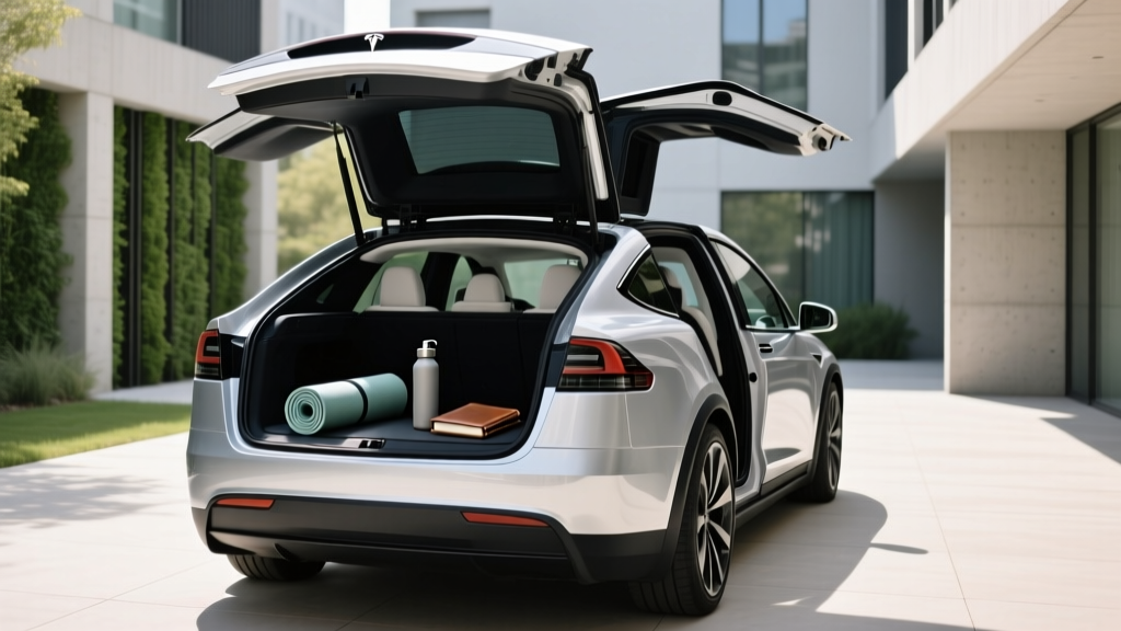 Tesla Model X falcon-wing rear doors open displaying the compact third-row cargo area and the spacious front trunk frunk