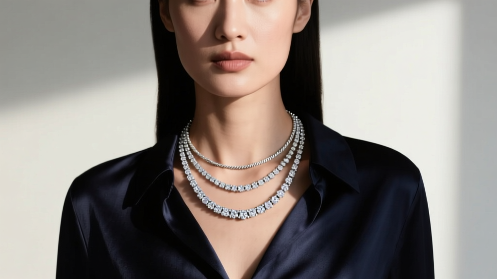 Woman wearing a layered 2mm diamond cut cable chain and 3mm diamond cut Franco necklace over a dark silk blouse in soft lighting.