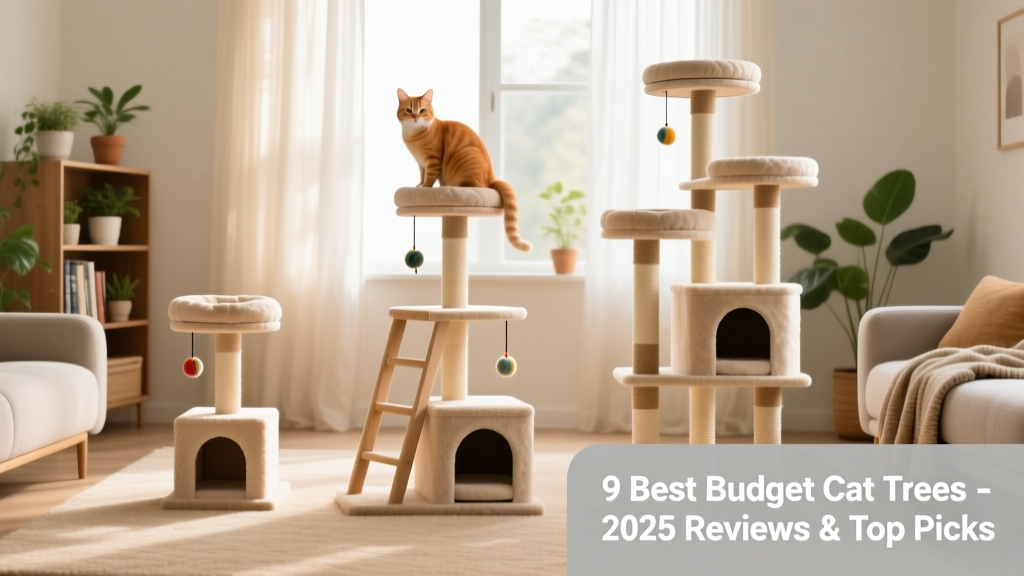 Side-by-side comparison of three FurPetVo budget cat trees in different sizes and configurations, arranged neatly in a tidy living room setting