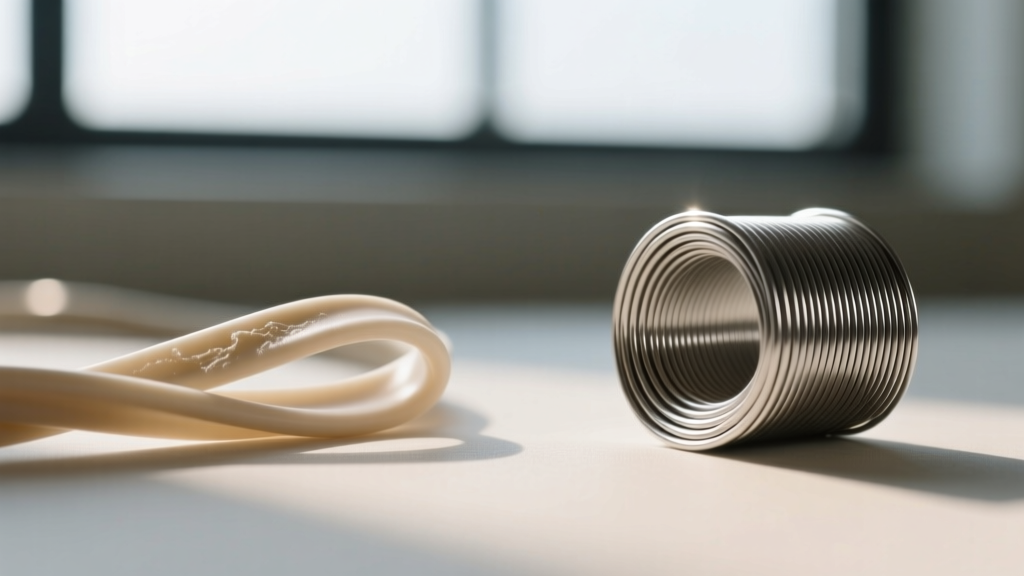Side-by-side macro comparison of stretched TPU elastic cord and coiled stainless steel memory wire used in rosary chokers