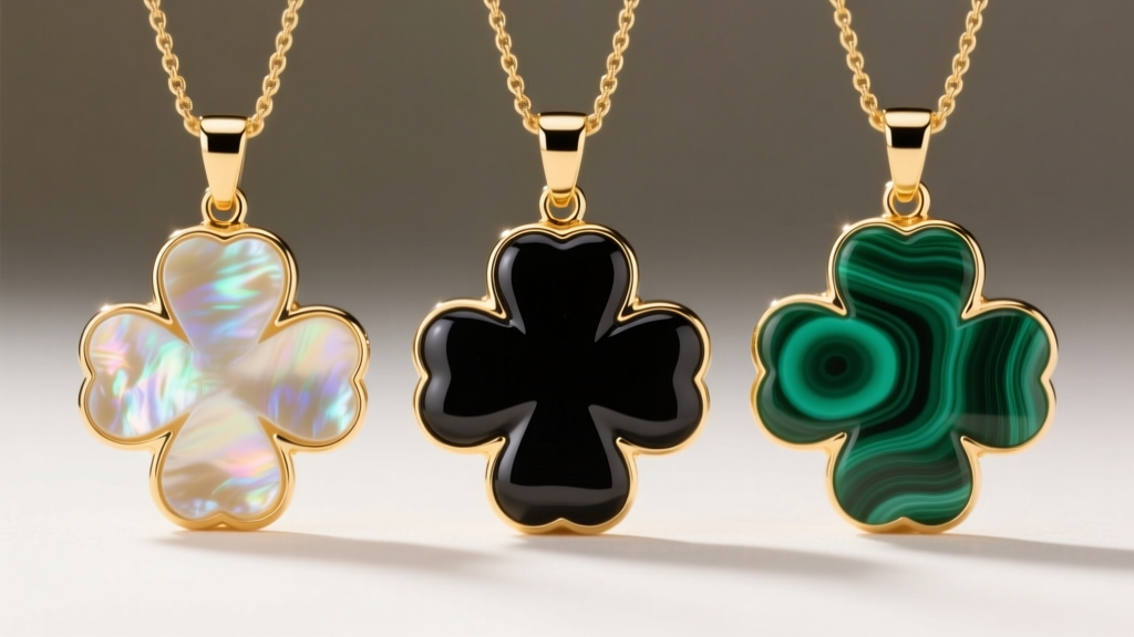 Close-up of mother-of-pearl, onyx, and malachite clover pendants highlighting natural stone banding and 18k gold bezel settings