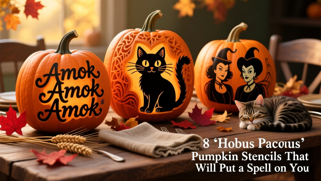A festive autumn table with three carved pumpkins featuring Hocus Pocus designs: one with 'Amok Amok Amok', one with Binx, and one showing the Sanderson Sisters