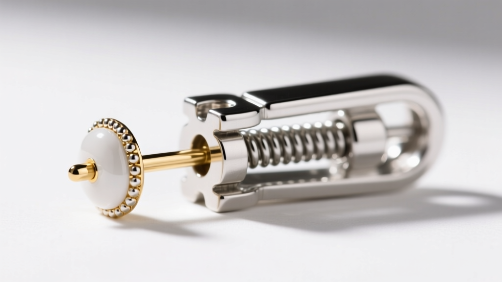 Macro view of an 18k white gold earring post beside a thick platinum leverback, highlighting structural jewelry engineering details
