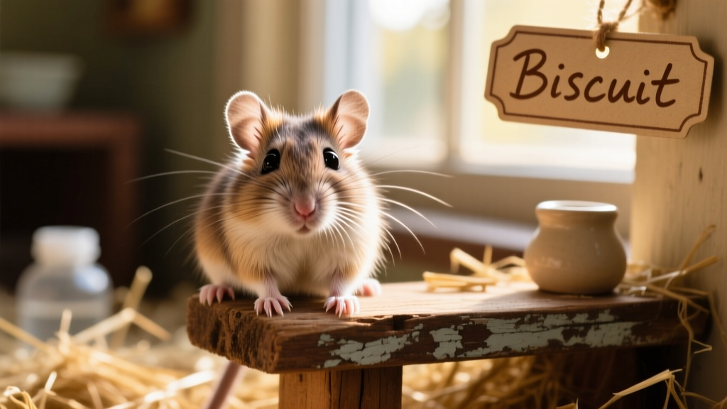 A curious gerbil perched on a wooden perch, looking alert and adorable