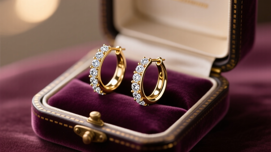 Elegant jewelry box open on a velvet surface revealing 18k white gold drop hoop diamond earrings catching soft, warm ambient light