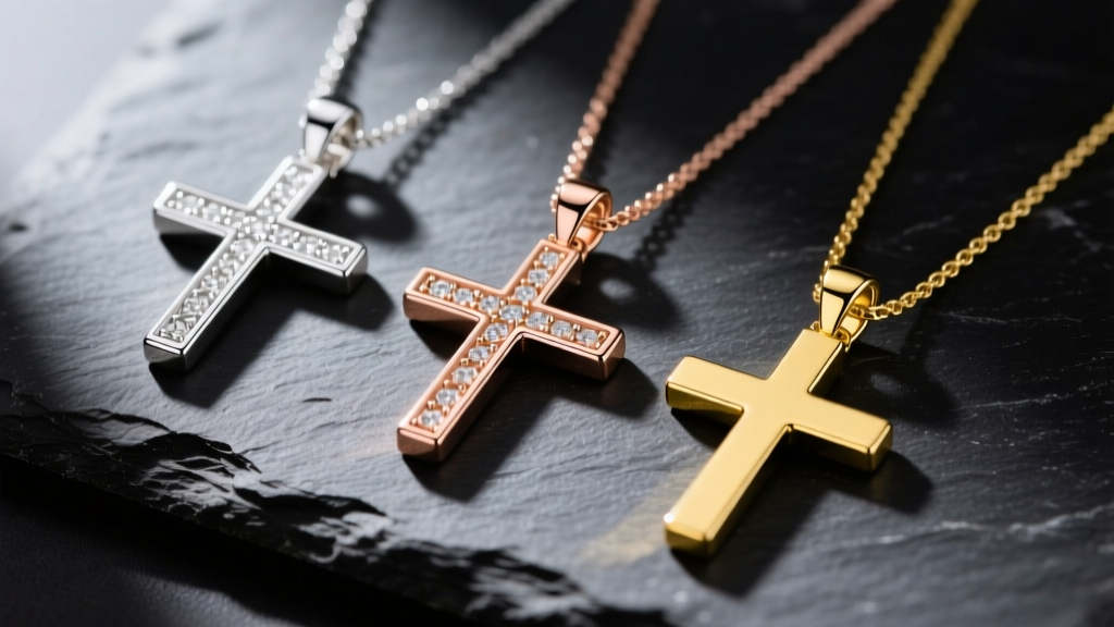 Sterling silver, 10k rose gold, and 14k yellow gold cross pendants on dark slate for a custom jewelry material comparison.