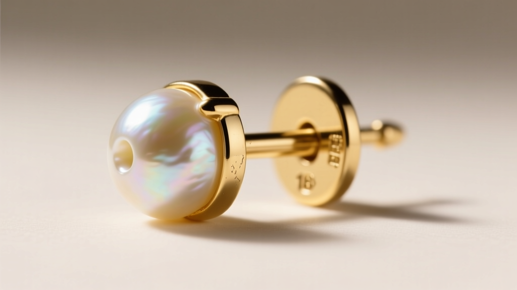 Extreme macro shot of an 18-gauge gold earring post with a flat pad and half-drilled freshwater pearl bonded with jeweler