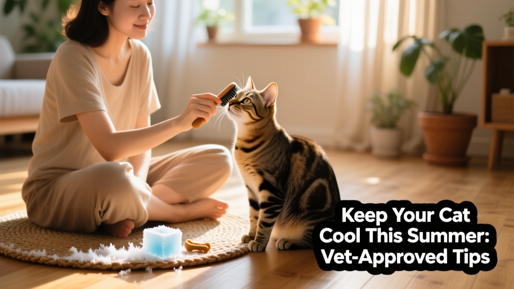 A person sitting on the floor gently brushing a tabby cat while a small frozen treat sits nearby on a mat