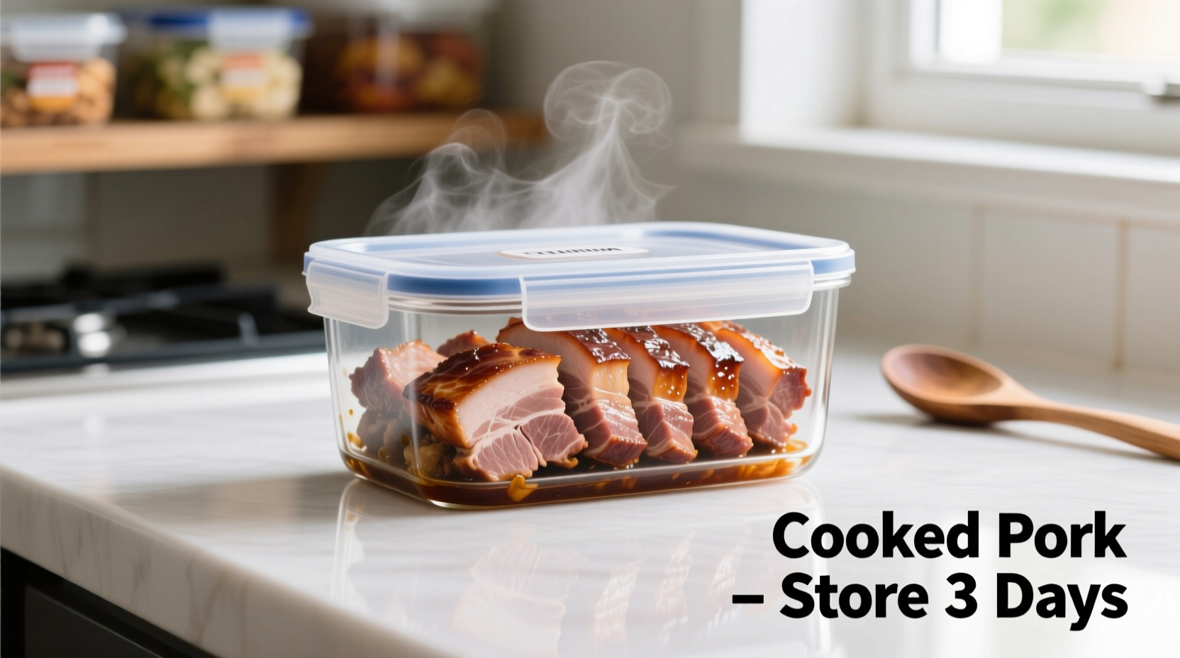 Properly stored cooked pork in airtight container