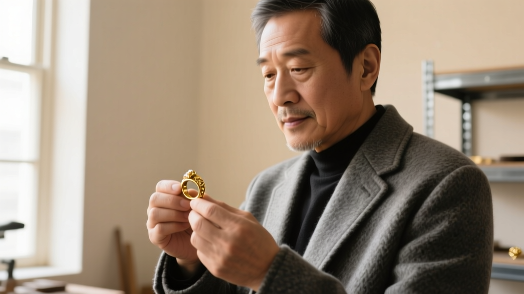 Close-up of a jeweler's loupe inspecting the 14k hallmark stamped on the post of a solid gold stud earring against dark velvet.