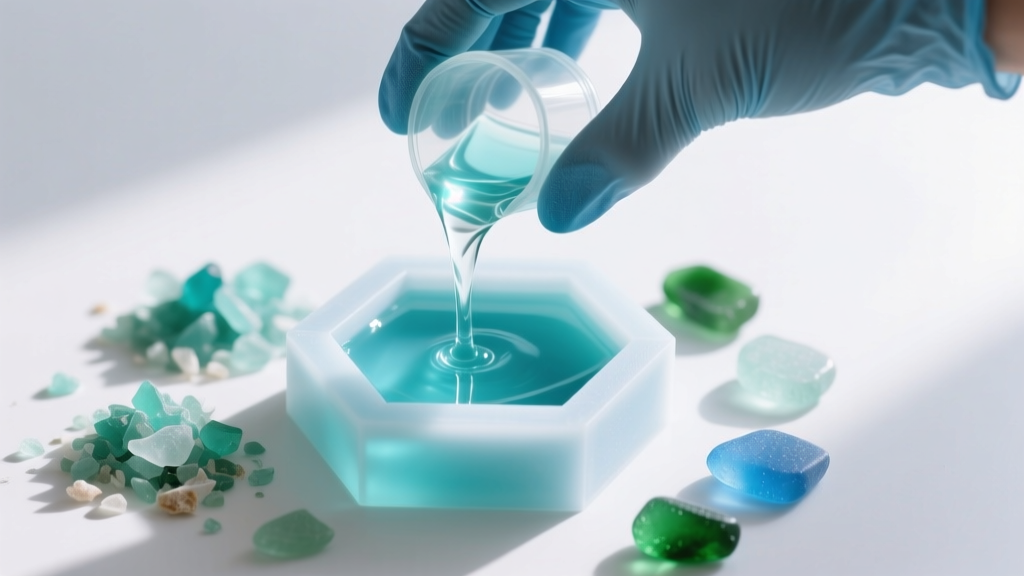 Nitrile-gloved hands pouring clear eco-resin into a geometric silicone mold next to small piles of crushed recycled sea-glass.