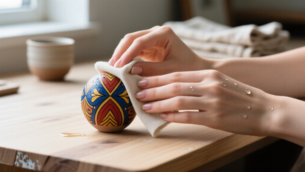 Hands gently wiping a painted clay bead with a damp microfiber cloth, showing careful cleaning technique on a wooden desk.