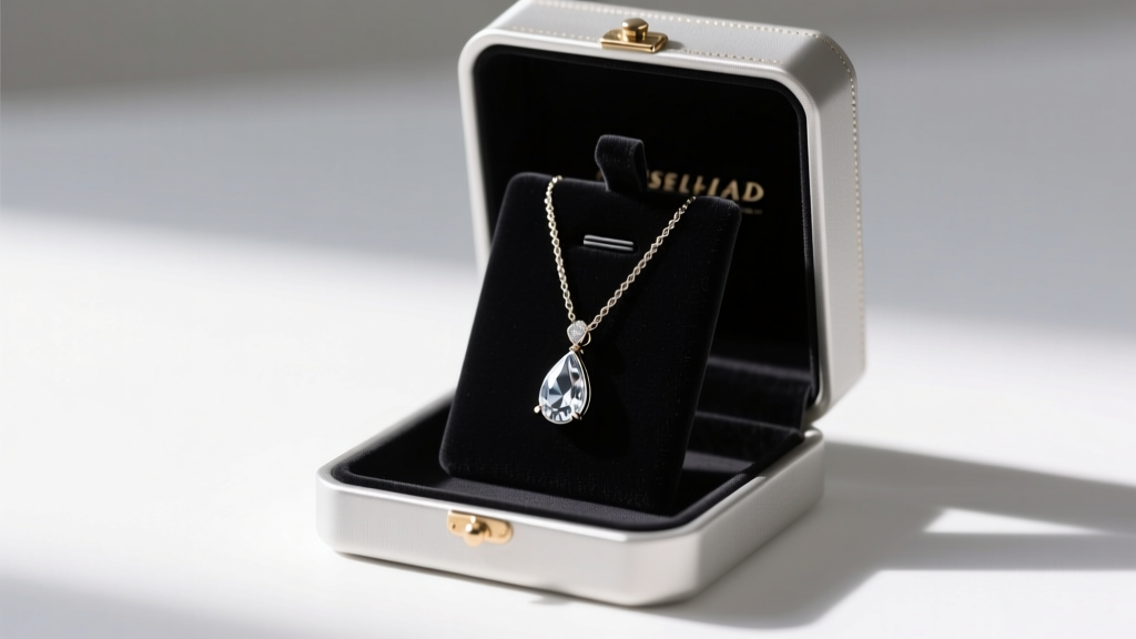 Open anti-tarnish jewelry box showing a droplet necklace hung vertically on a miniature velvet stand to prevent chipping.