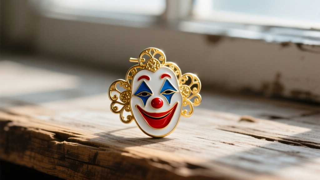 Hand-painted enamel clown earring with gold filigree, resting on rustic wood to emphasize the premium craftsmanship of the piece.