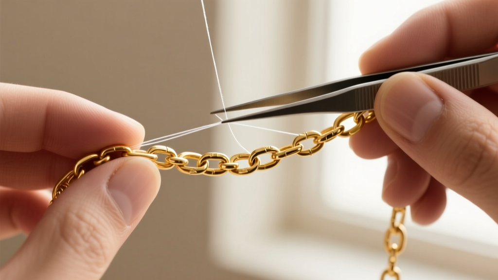 Hands using fine-tipped tweezers to thread a piece of clear fishing line through a broken 18k gold figaro chain link