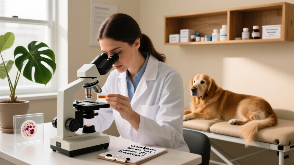 A veterinarian examining a urine sample under a microscope during a routine urinalysis