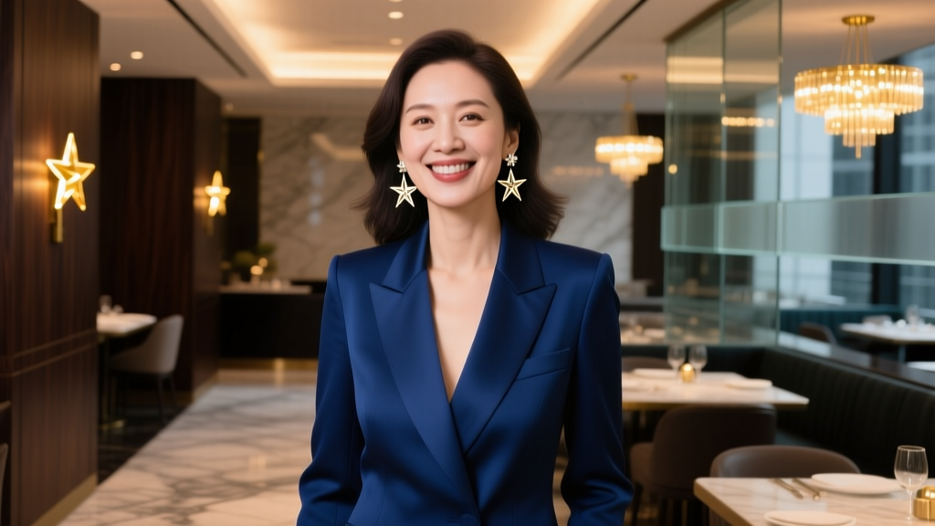 Woman in evening blazer smiling, wearing asymmetrical celestial star clip on earrings catching warm ambient restaurant lighting