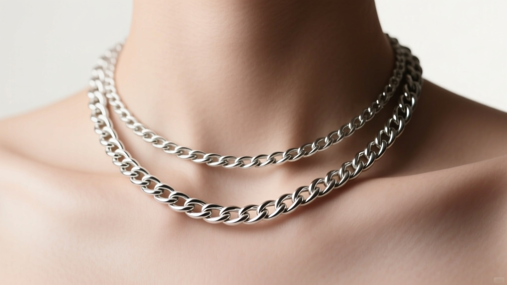 Close-up of an 18-inch sterling silver rope chain resting on a collarbone, soft studio lighting highlighting intricate metal links.