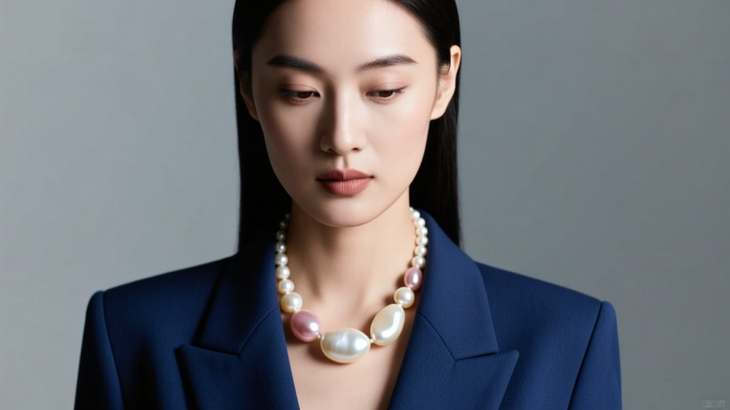 Portrait of a modern woman with a pearl necklace of mismatched baroque pearls, wearing a blazer, studio lighting