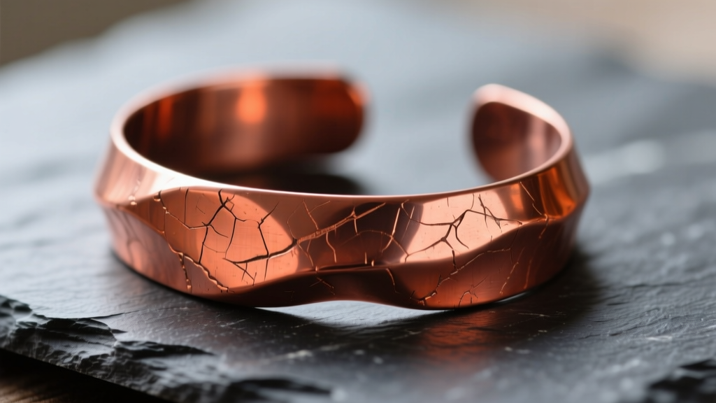 Macro photo of an unpolished copper cuff bracelet on dark slate, showing warm reddish-orange luster and distinct hammer marks