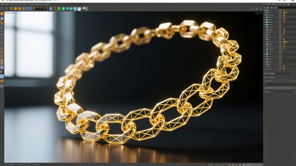 3D software interface displaying a complex gold chain necklace mesh with wireframe overlay against a dark UI background in studio