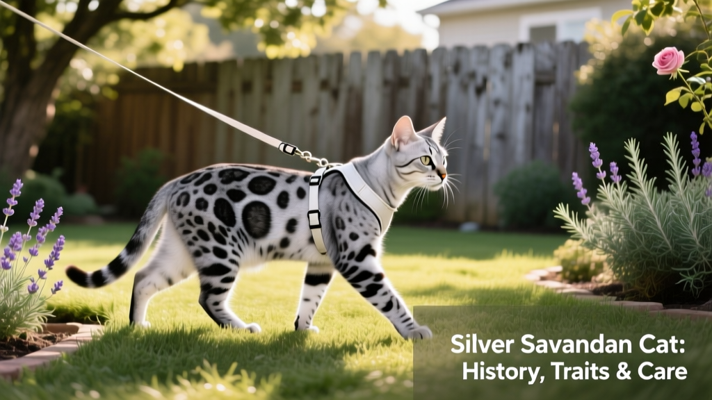Adult silver Savannah cat walking confidently on a lightweight harness and leash in a sunlit backyard