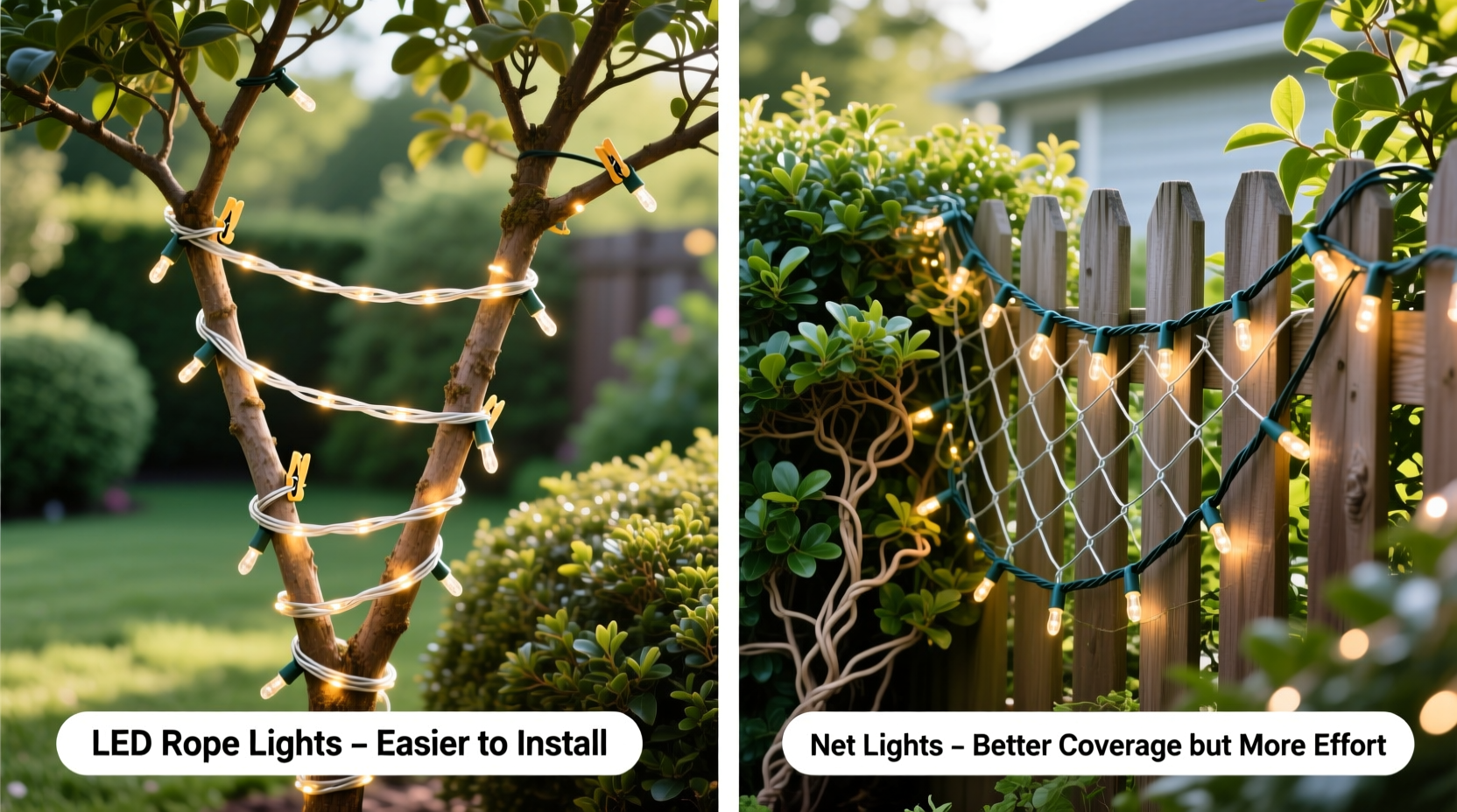 led rope lights vs net lights which is easier to install on bushes and fences