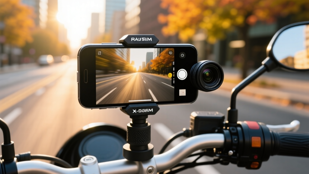 Smartphone mounted on a motorcycle handlebar using a RAM X-Grip with an anti-vibration dampener module protecting the camera lens