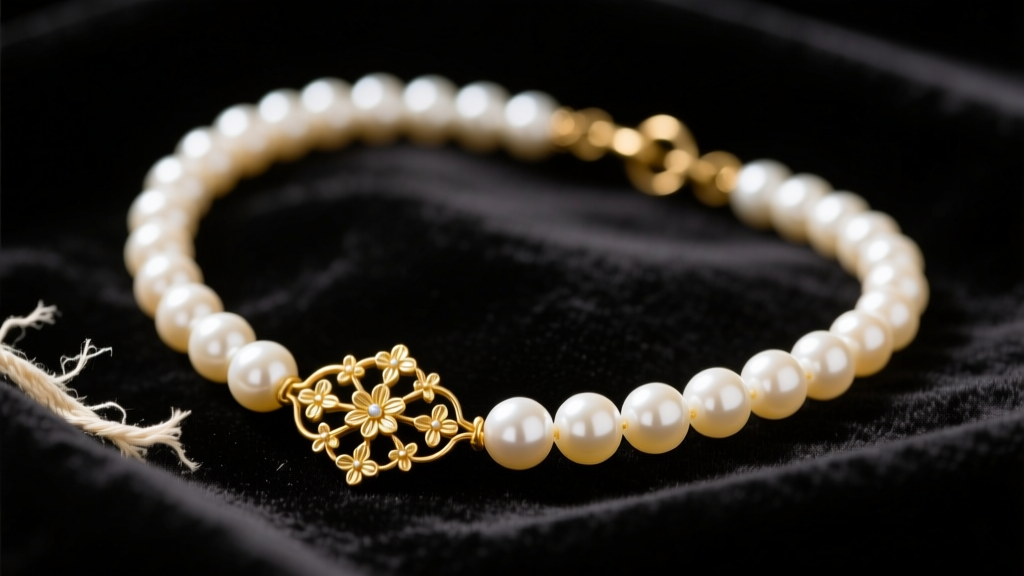 Close-up of a vintage pearl necklace with frayed silk thread and a yellowed 14k gold filigree clasp resting on dark velvet fabric.