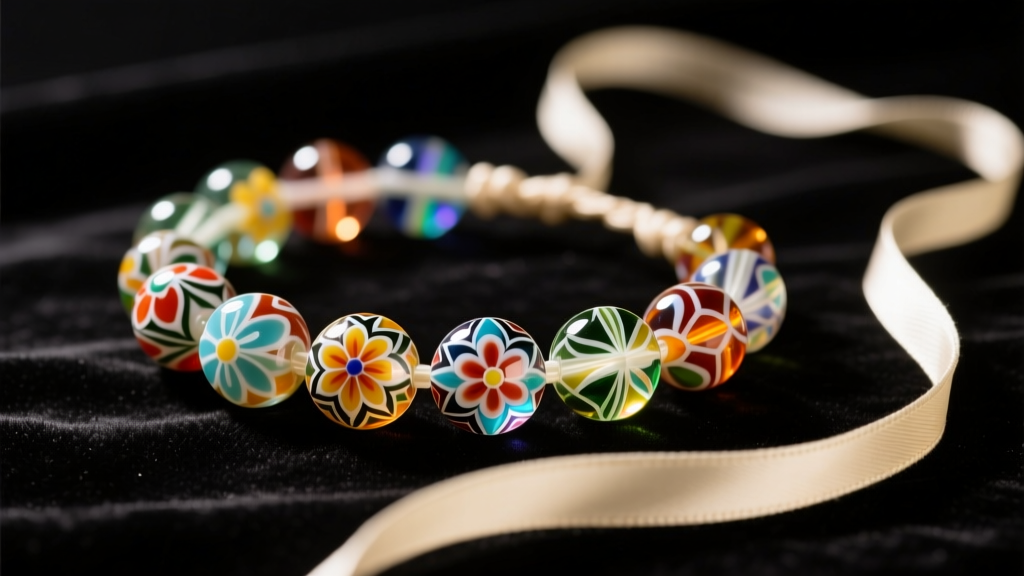Vintage Murano millefiori glass beads and silk cord laid out on dark velvet, ready for restringing under warm light