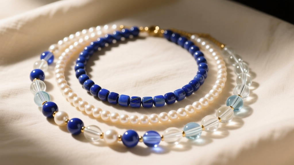 Top-down view of popular bead necklaces with lapis lazuli, pearls, and glass on cream linen fabric, warm studio lighting setup