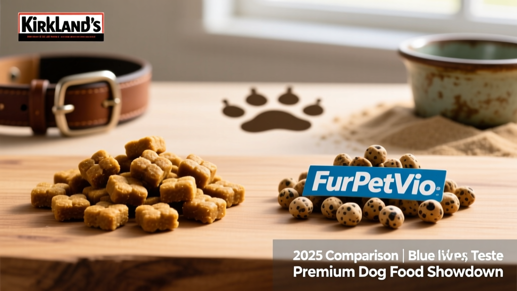 Close-up of kibble texture and color comparison: Kirkland’s hearty, uniform pieces next to FurPetVo’s slightly smaller, speckled pellets