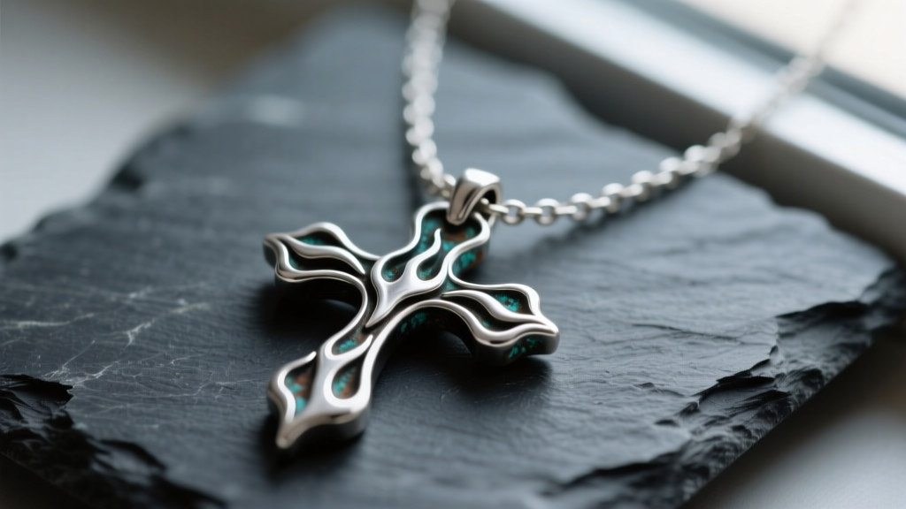 Macro shot of an oxidized 925 silver cross and flame necklace on dark slate, highlighting intricate wax-cast flame details
